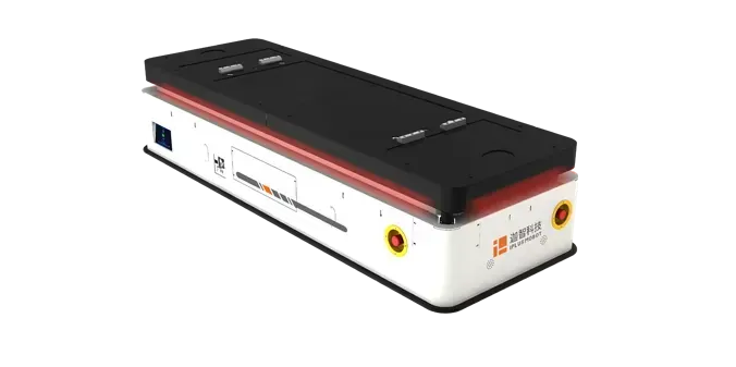 A person walks in a warehouse, robots on rails with blue light paths, near storage racks.