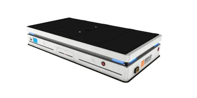 A person walks in a warehouse, robots on rails with blue light paths, near storage racks.