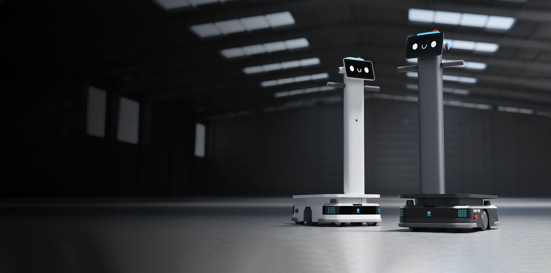 Robot carrying packages in an elevator. The robot is silver and blue with boxes on its shelves. Bright interior.