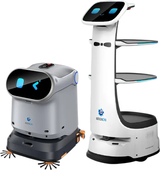 Two service robots: a gray, boxy one with a screen and a tall, white one with shelves.