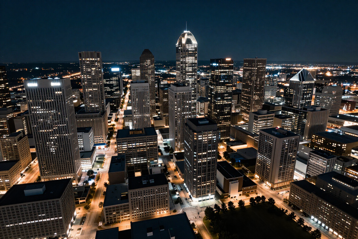 Aerial view of Dallas-Fort Worth skyline at night