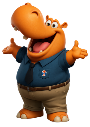 Hubbs the Hippo - Housing Hub's Mascot with hands up