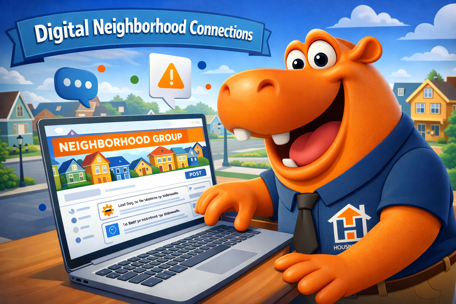 Hubbs the mascot with his laptop looking at a group called Neighborhood Group.