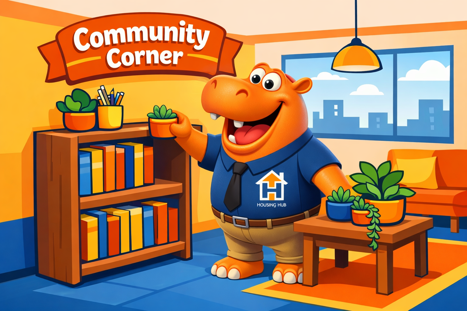 Housing Hub mascot in the community corner room that has books, plants and chairs.