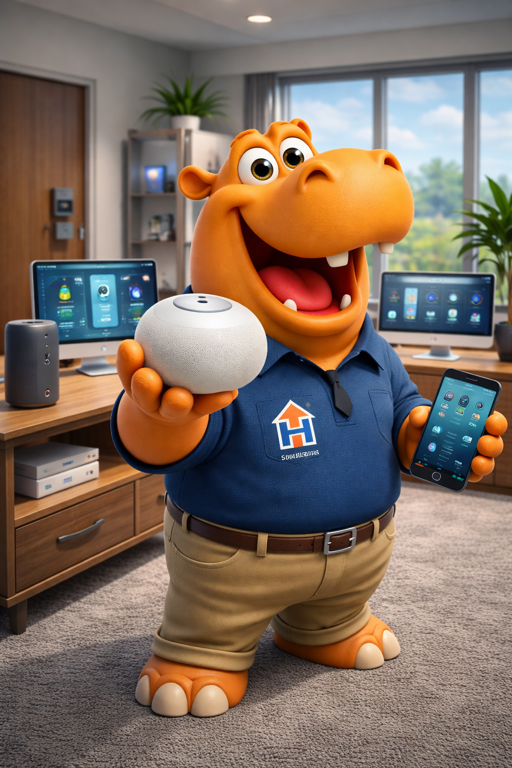 Housing Hub mascot demonstrating smart home devices with smartphone and smart speaker in modern apartment living room