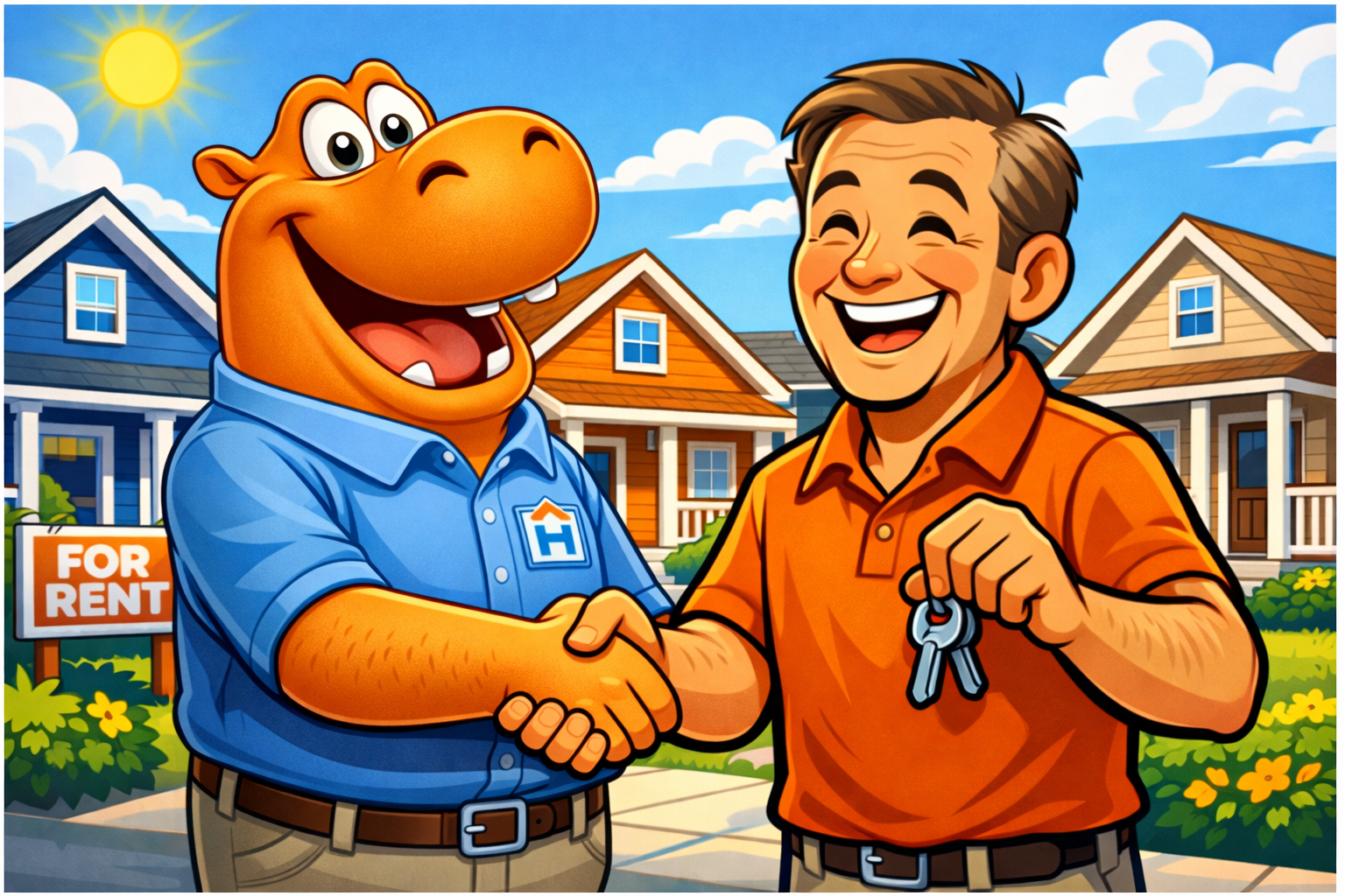 Hubbs shakes hands with a happy property owner in front of well-kept rental homes, highlighting stress-free property management.