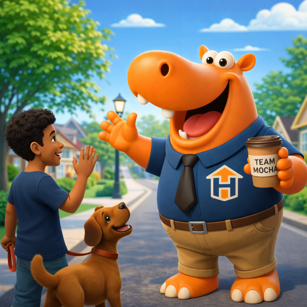 Hubbs the mascot holding a coffee interacting with the neighbor and his dog by the sidewalk