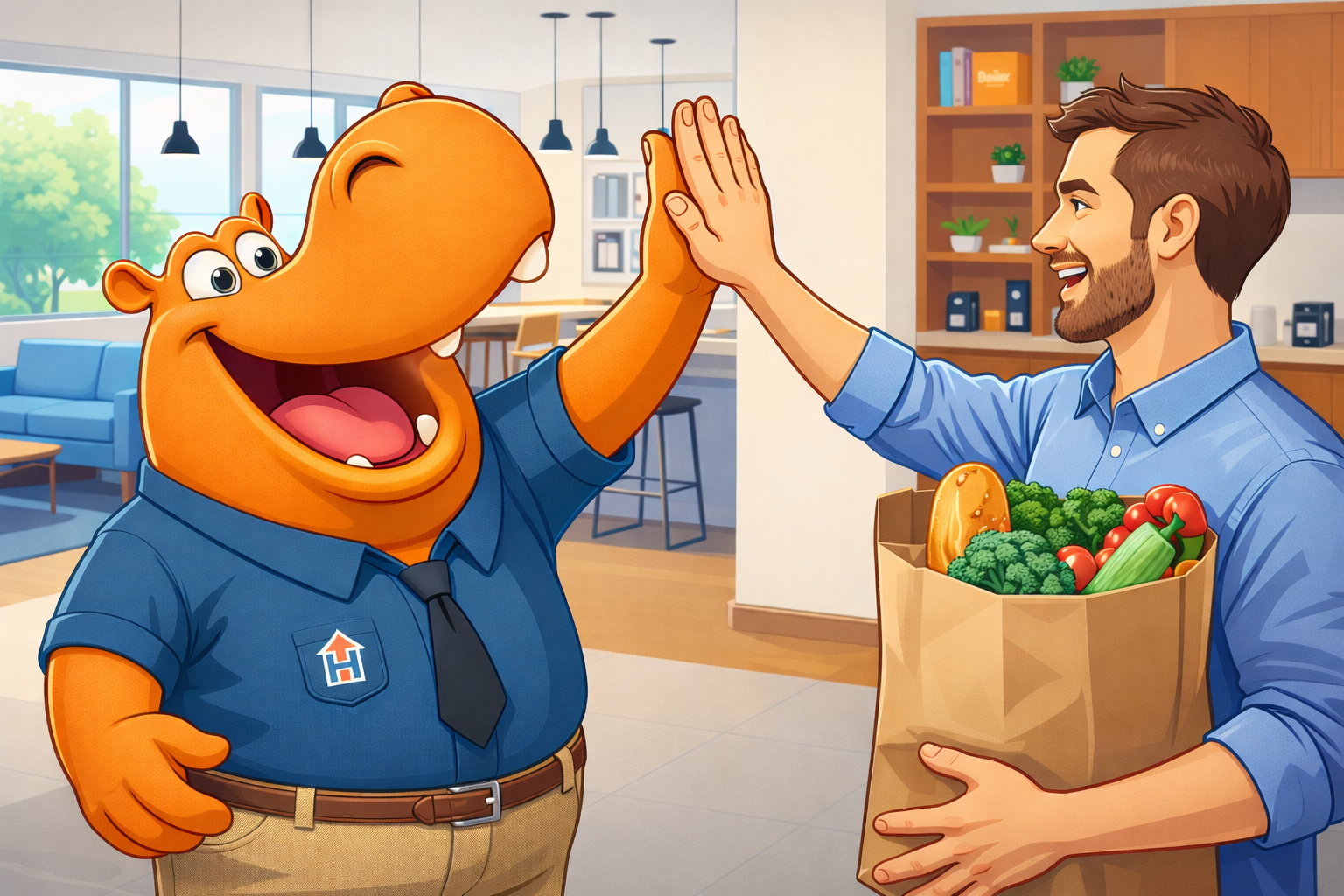 Housing Hub's mascot giving a neighbor a high-five.