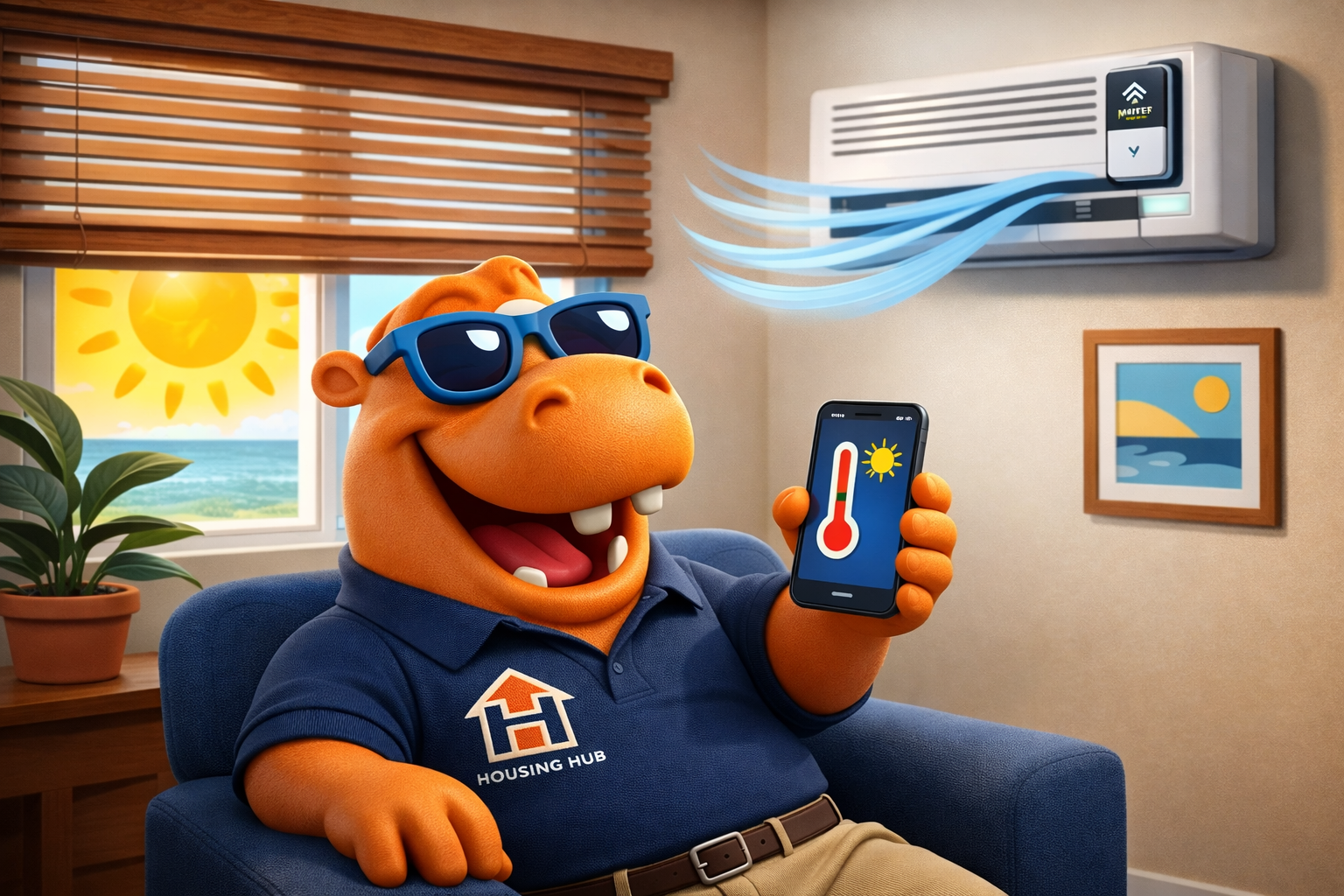 Housing Hub mascot controlling wall-mounted air conditioner with smartphone app in a bright living room on a sunny day