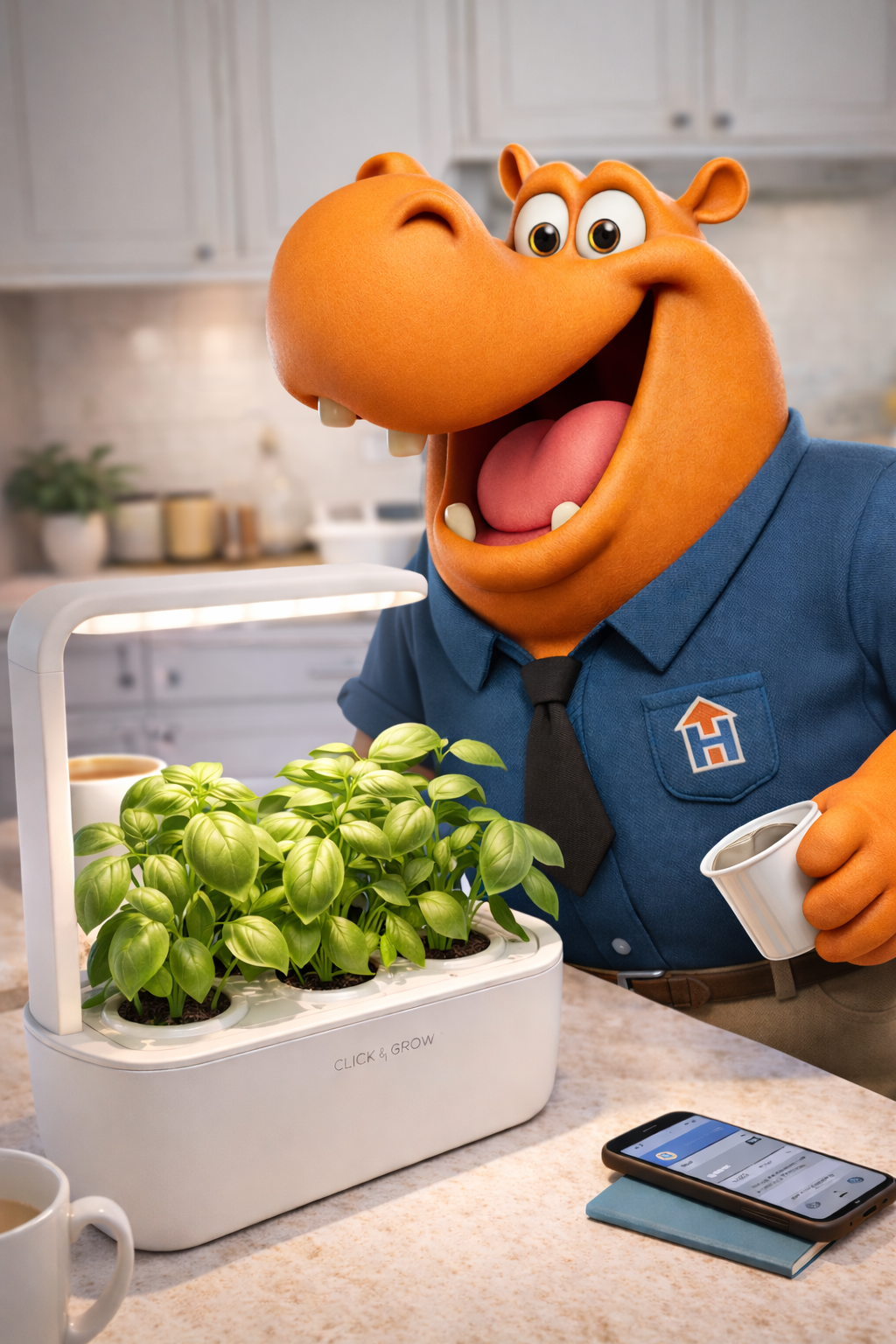 Housing Hub mascot tending indoor smart garden with LED grow light and fresh herbs on kitchen countertop