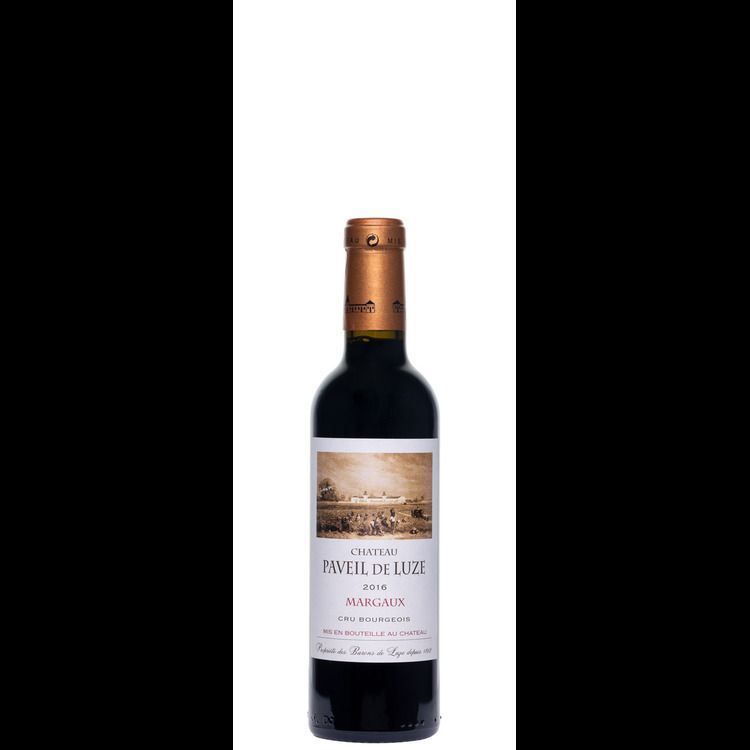 A bottle of red wine with a white label on a white background.