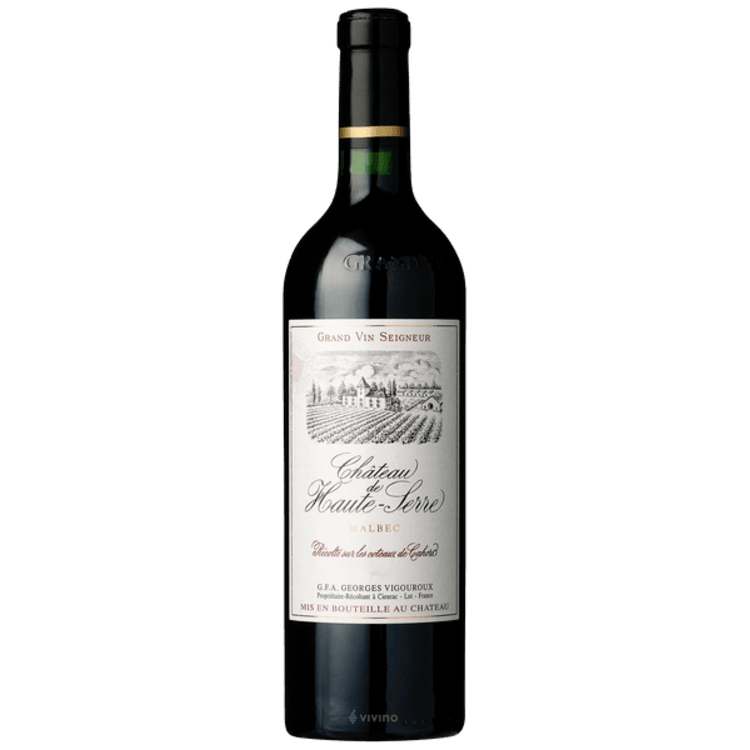 A bottle of red wine with a white label on a white background.