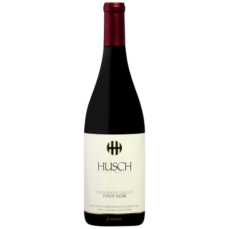 A bottle of husch pinot noir on a white background