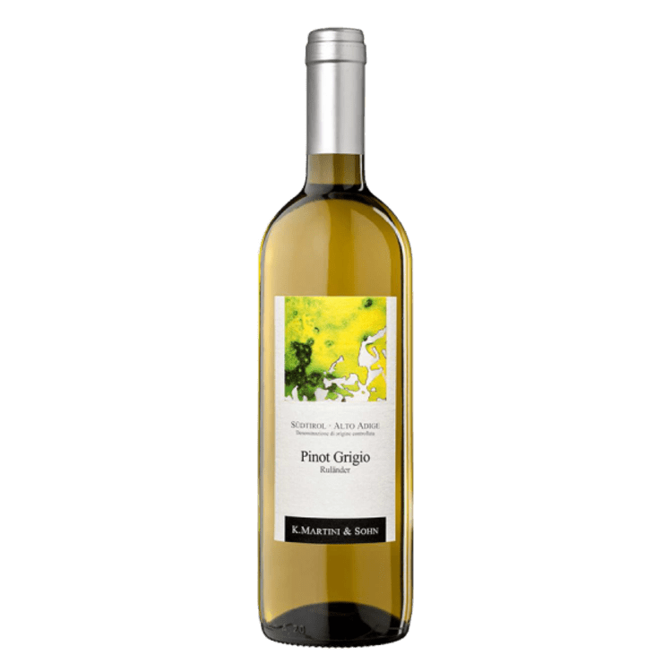 A bottle of pinot grigio wine with a yellow label on a white background.