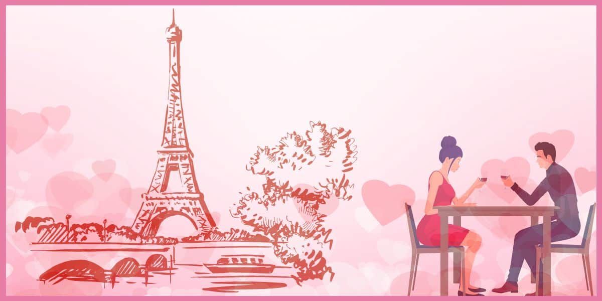 Couple at a table in Paris, with the Eiffel Tower in the background, surrounded by hearts.