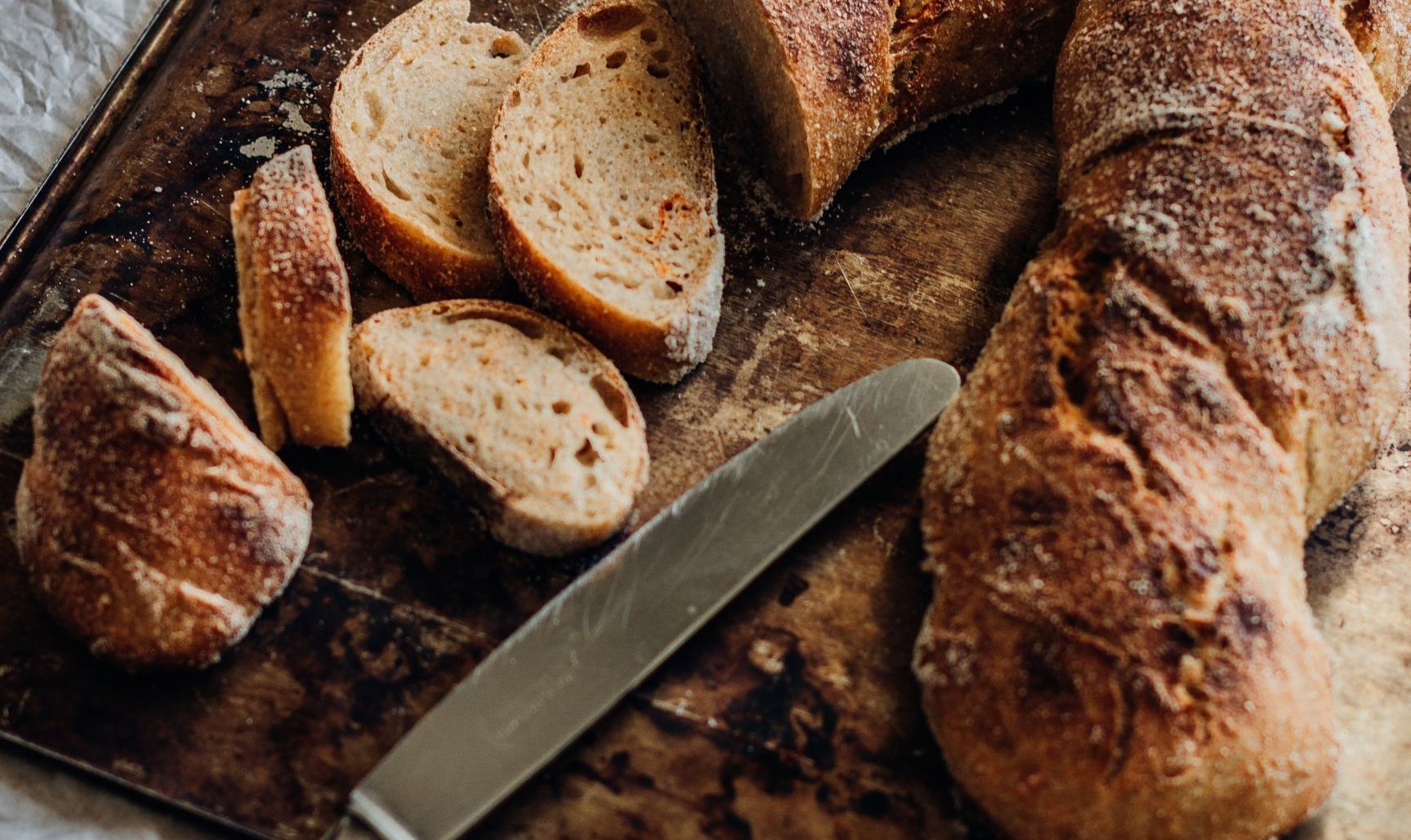 Fresh French bread on a cutting board