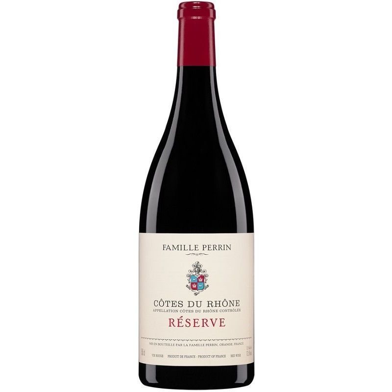 A bottle of red wine with a white label on a white background.