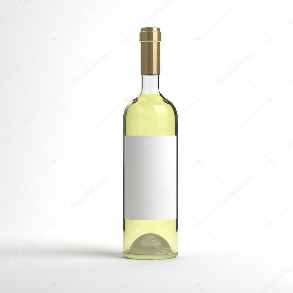 A bottle of white wine with a white label on a white background.