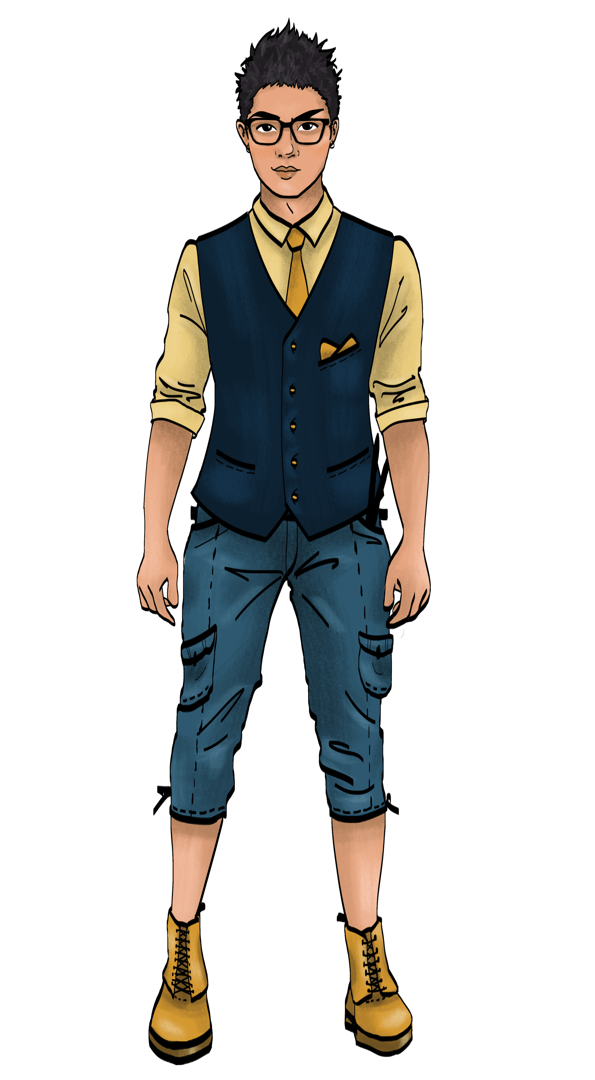 A cartoon of a man wearing glasses and a vest.