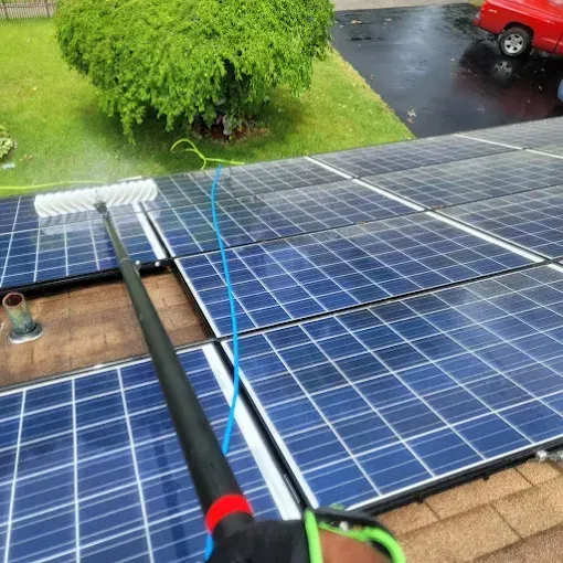 Person cleaning solar panels on a roof with a long-handled brush, blue panels, green lawn, tree.