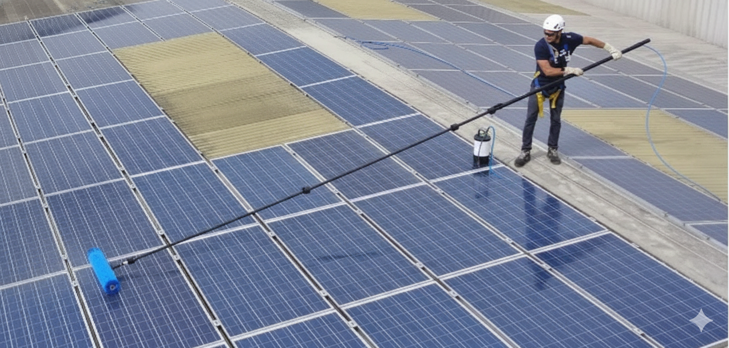 Two workers cleaning solar panels on a rooftop, spraying water under a blue sky.
