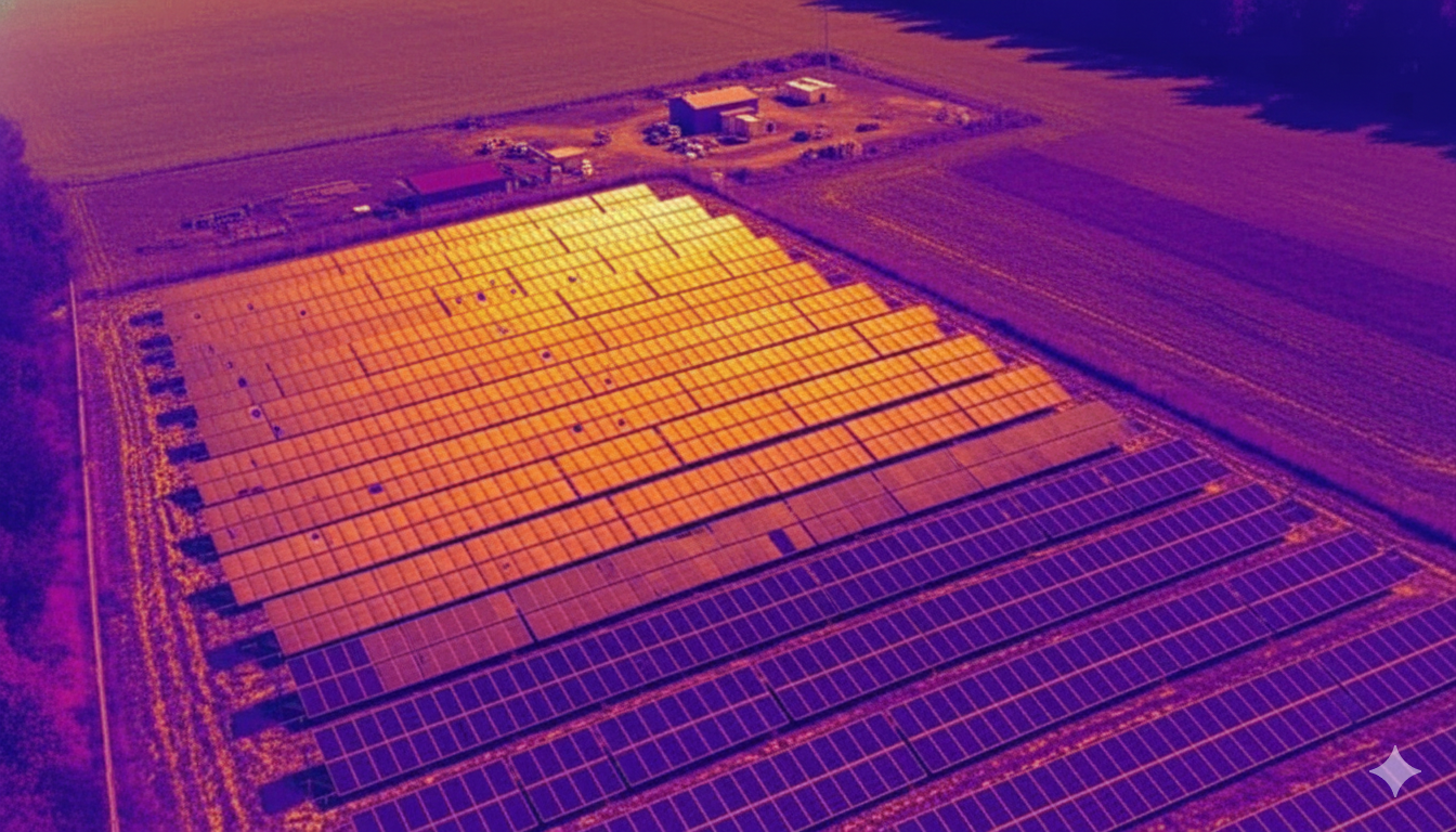 Person using a thermal camera to inspect solar panels on a rooftop. The camera is displaying a thermal image.