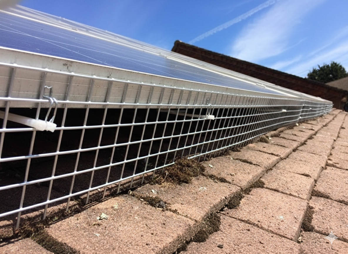Solar panels on a tiled roof with a wire mesh barrier installed to prevent animal access.