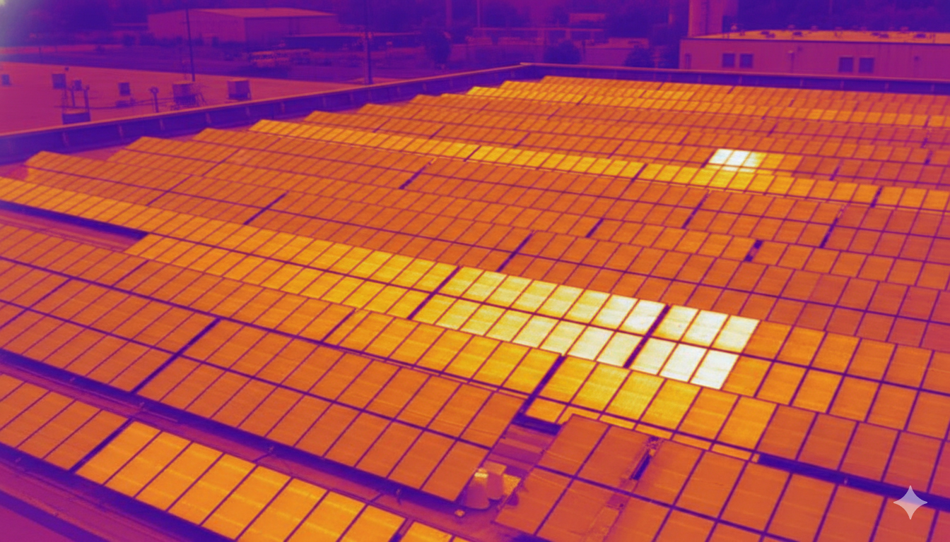 Thermal image of a solar panel array, showing heat distribution. Some panels appear hotter than others.