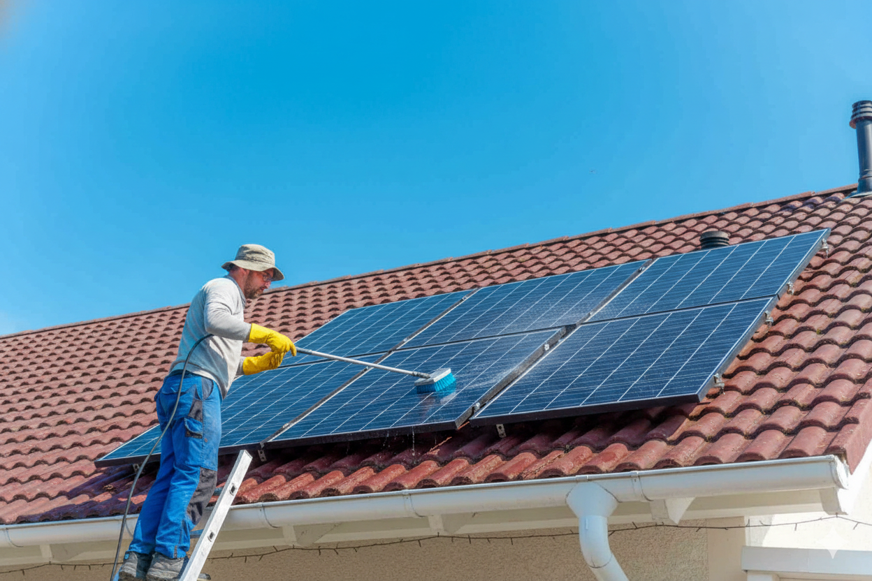 Man on ladder cleaning solar panels on a red-tiled roof with a long-handled brush under a blue sky.