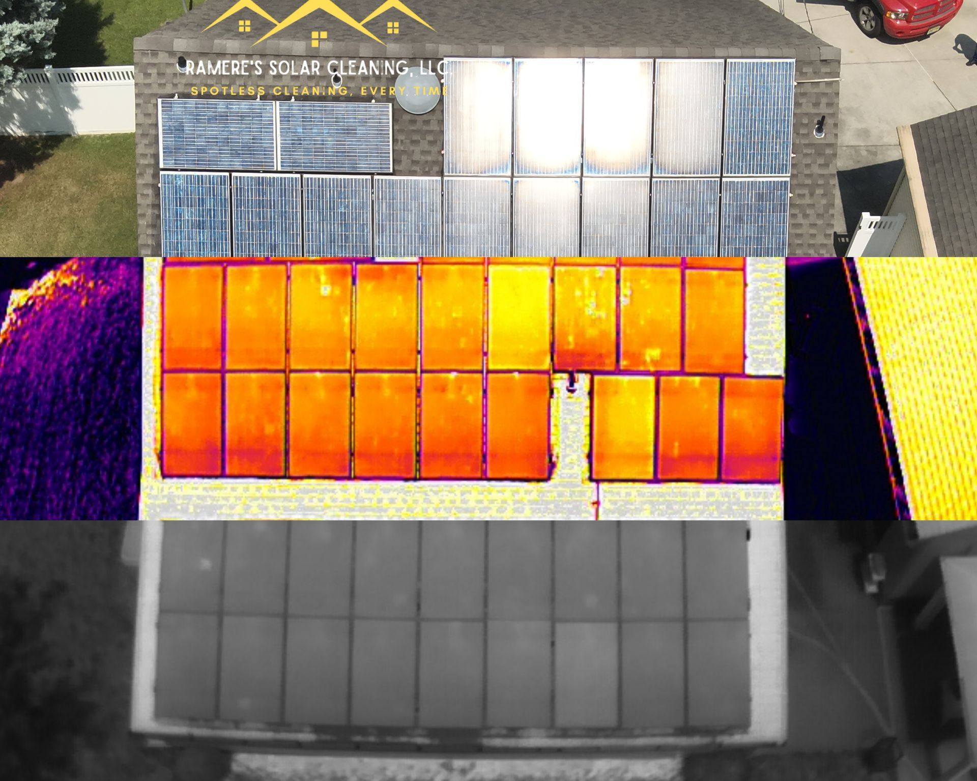 Overhead view of solar panels, with visible light, thermal, and grayscale images, showing potential heat issues.