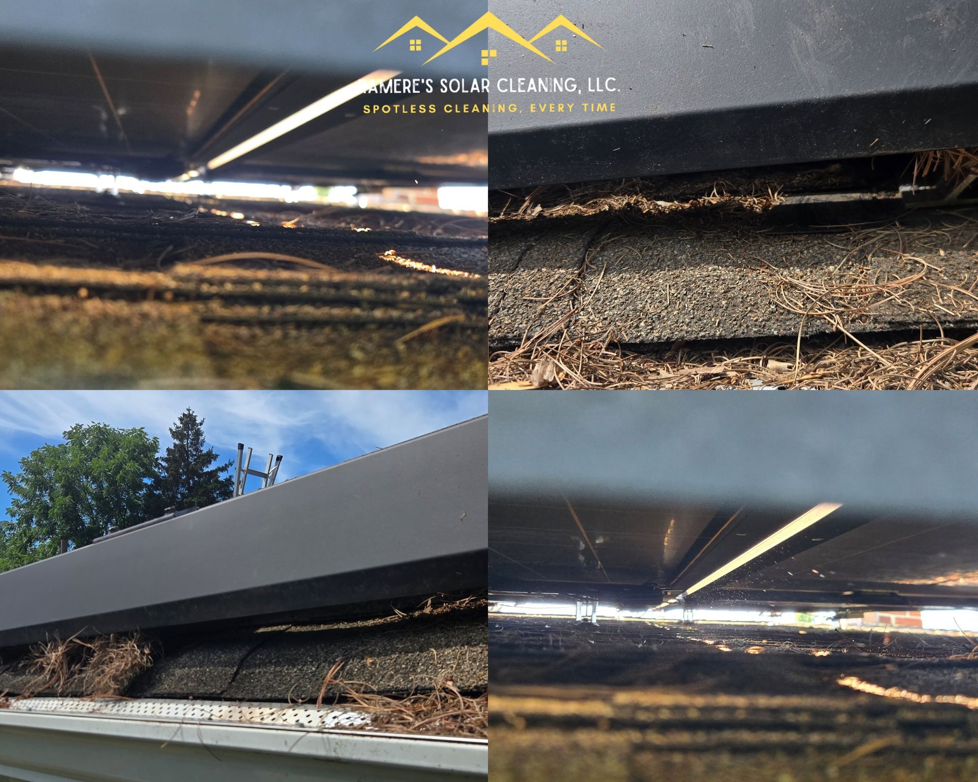 Four photos show debris, like dirt and twigs, under solar panels.