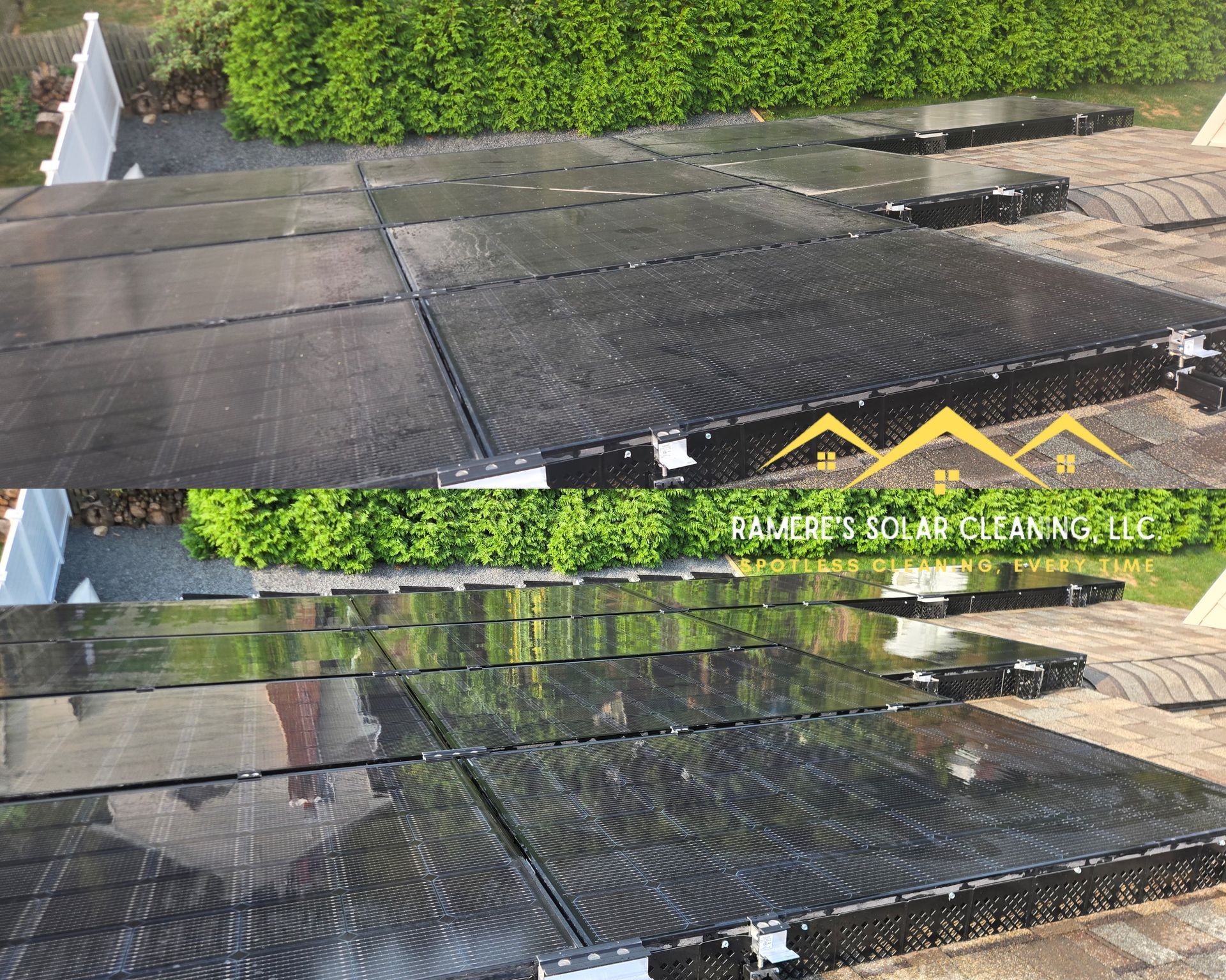 Solar panels on a sloped roof with green hedge background.
