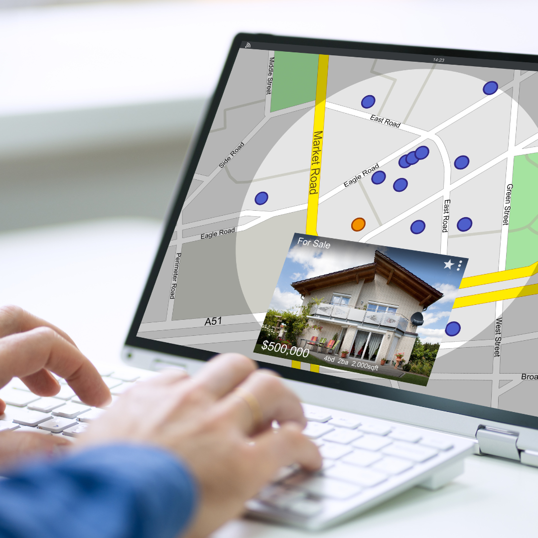 Person using laptop with real estate map, house photo overlay, and cursor.