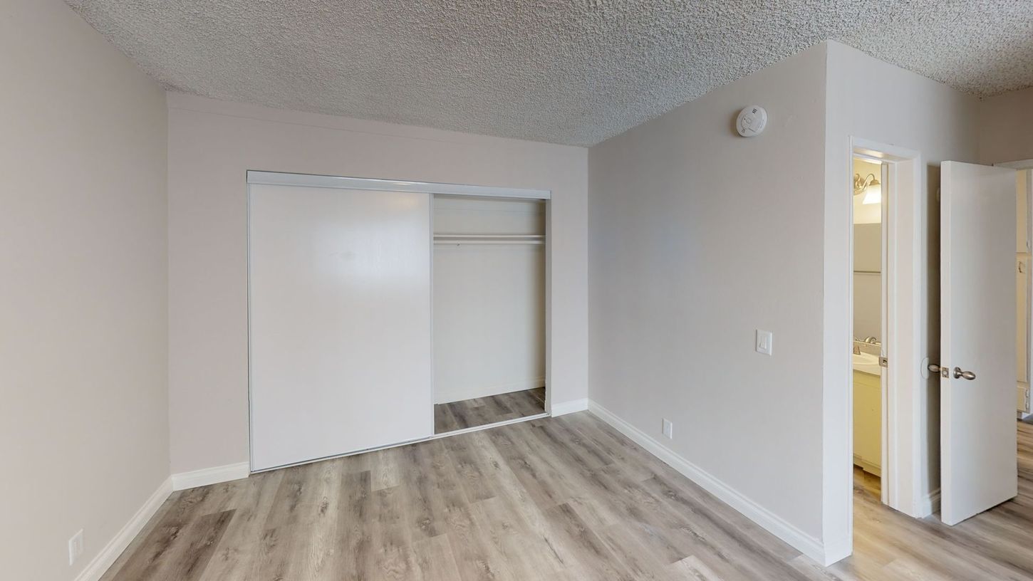 Empty bedroom with closet and bathroom door. Light wood flooring and white walls.