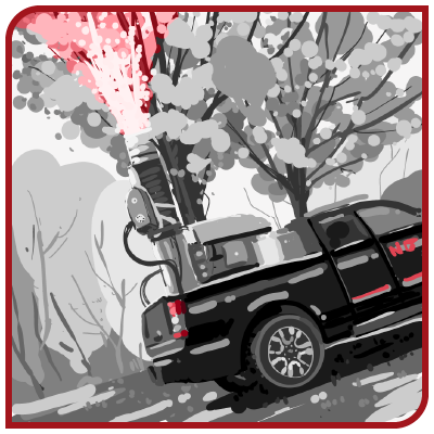 Un camion noir roule sur une route à côté d'un arbre envoyant du traitement.