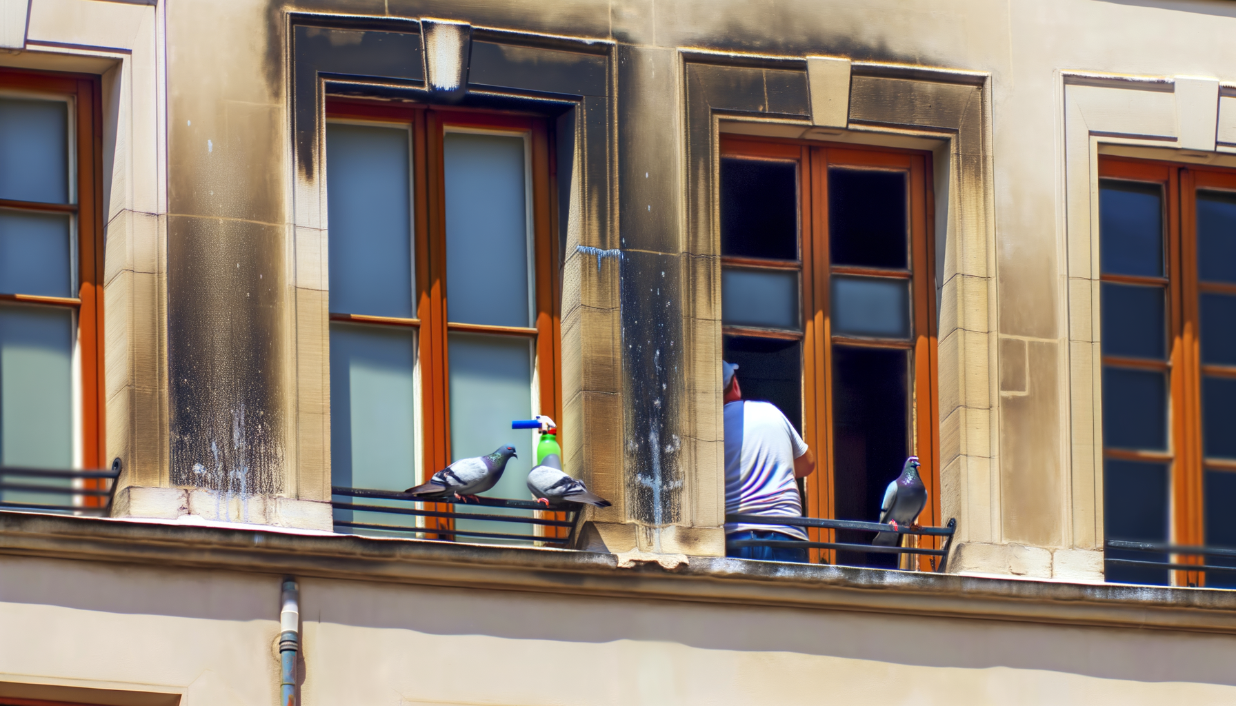 pigeons sur e rebord de fenêtre d'un immeuble