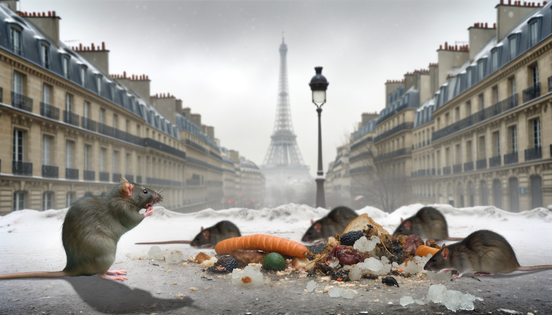 rats qui mangent des déchets au sol devant la tour eiffel