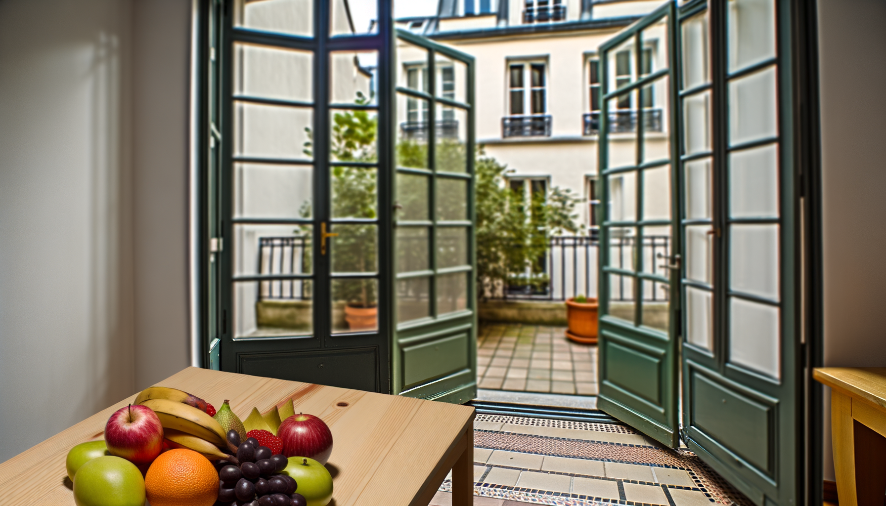 panier de fruits dans une cuisine avec les fenêtres ouvertes
