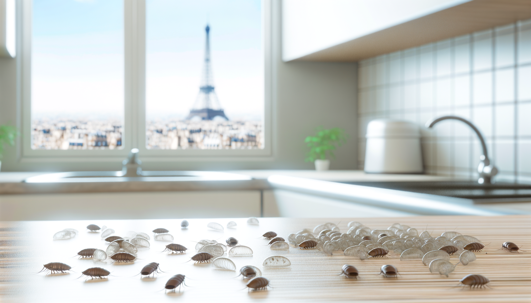 blattes sur une cuisine devant la tour Eiffel