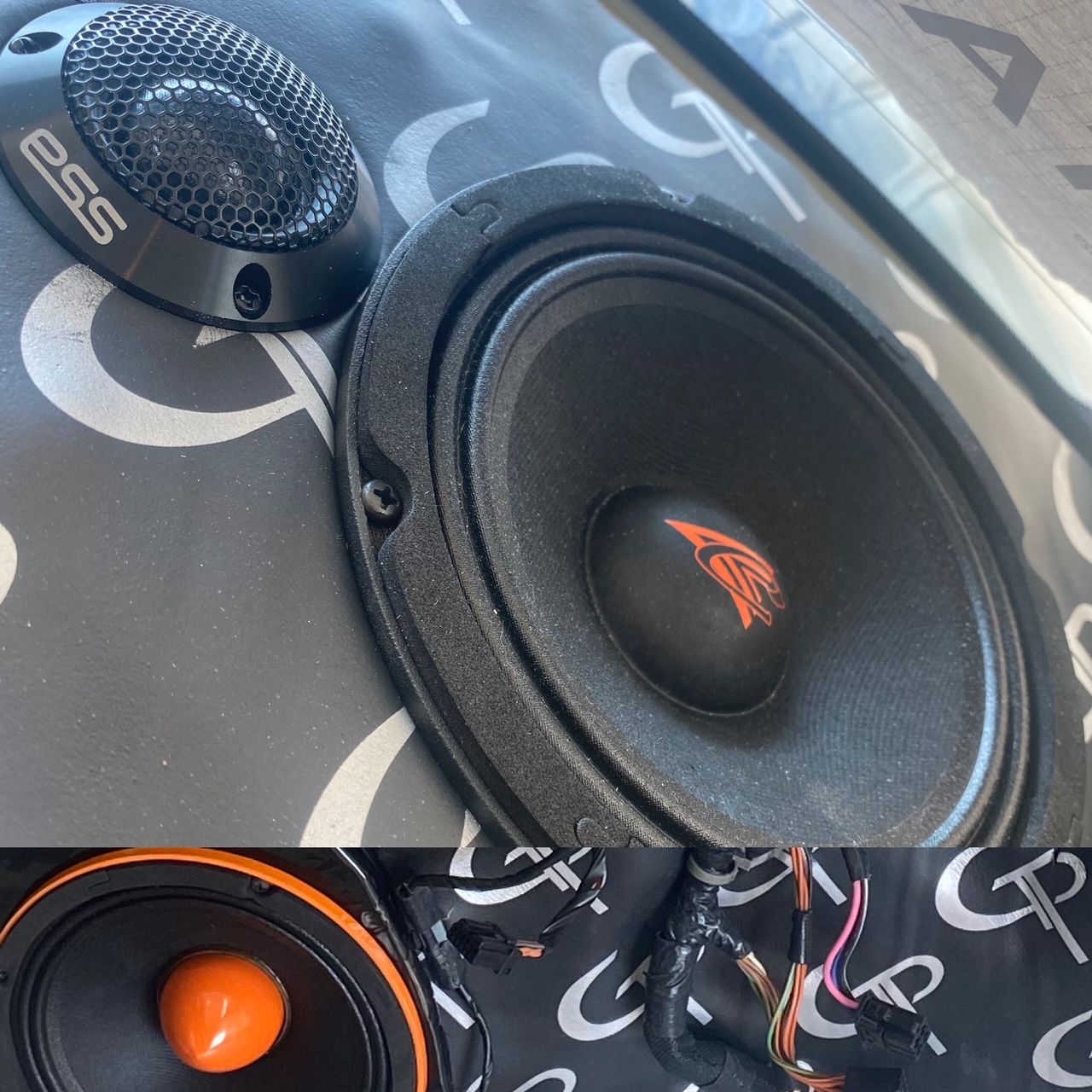 Car audio speakers installed on a patterned interior. A tweeter and a larger mid-range speaker are visible.