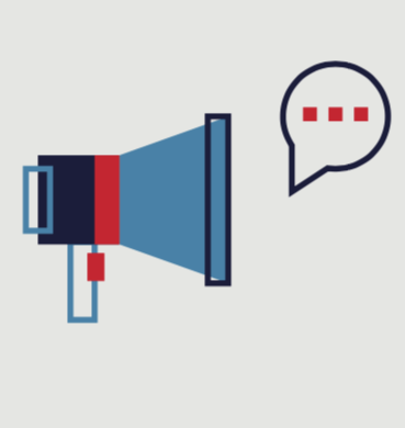 A blue and red megaphone with a speech bubble next to it.
