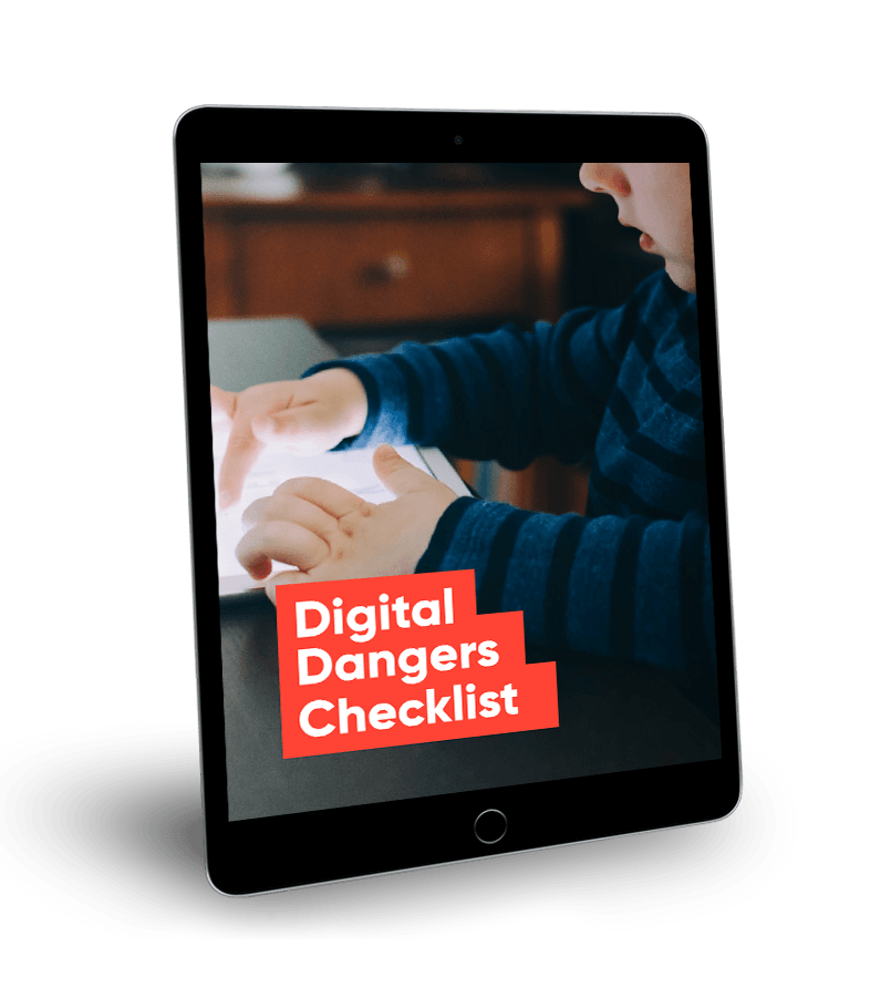 A tablet with the words digital dangers checklist on it