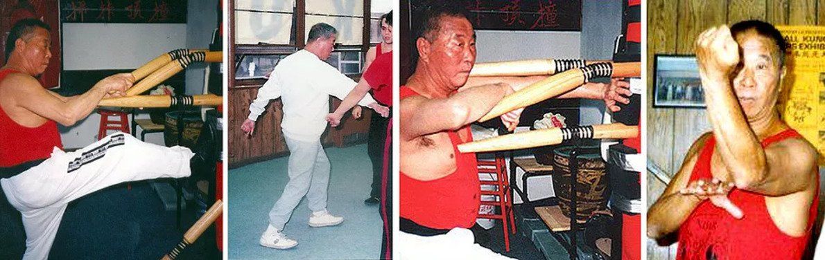 A man in a red shirt is practicing martial arts