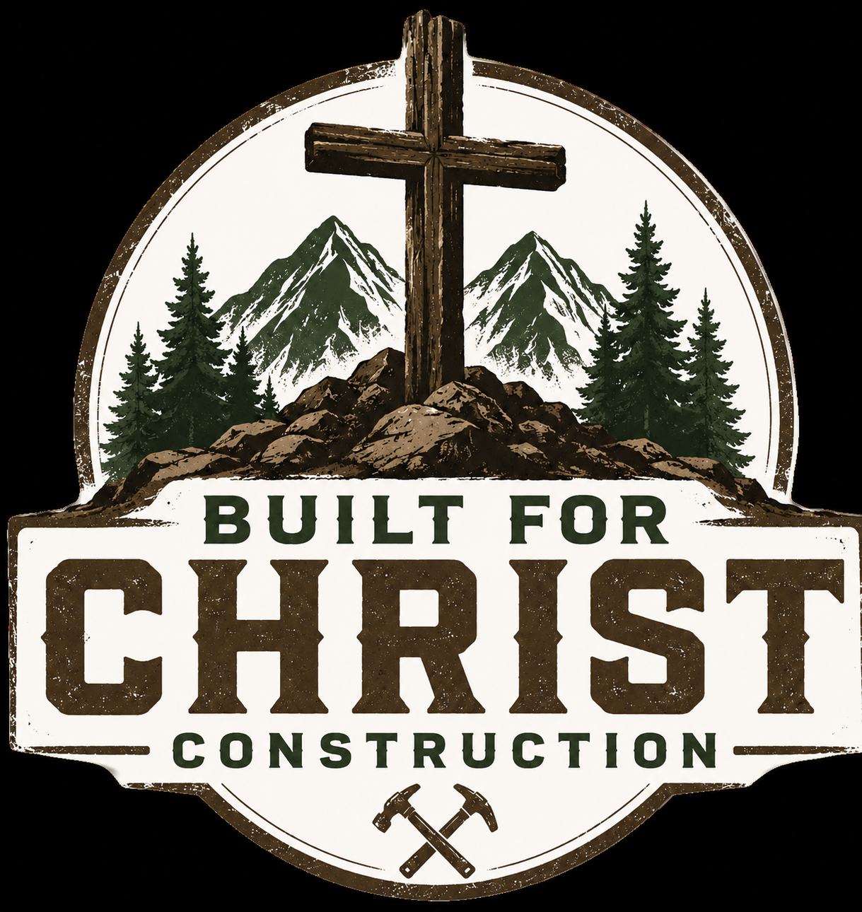 Built for Christ Construction logo with cross, mountains, pine trees, and crossed tools in brown and green.