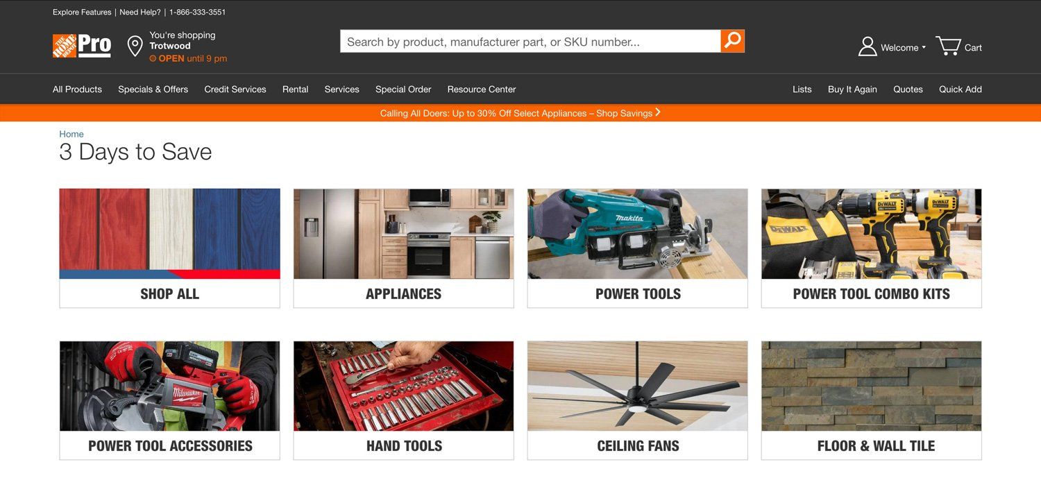 Home Depot website showing categories for home improvement products.