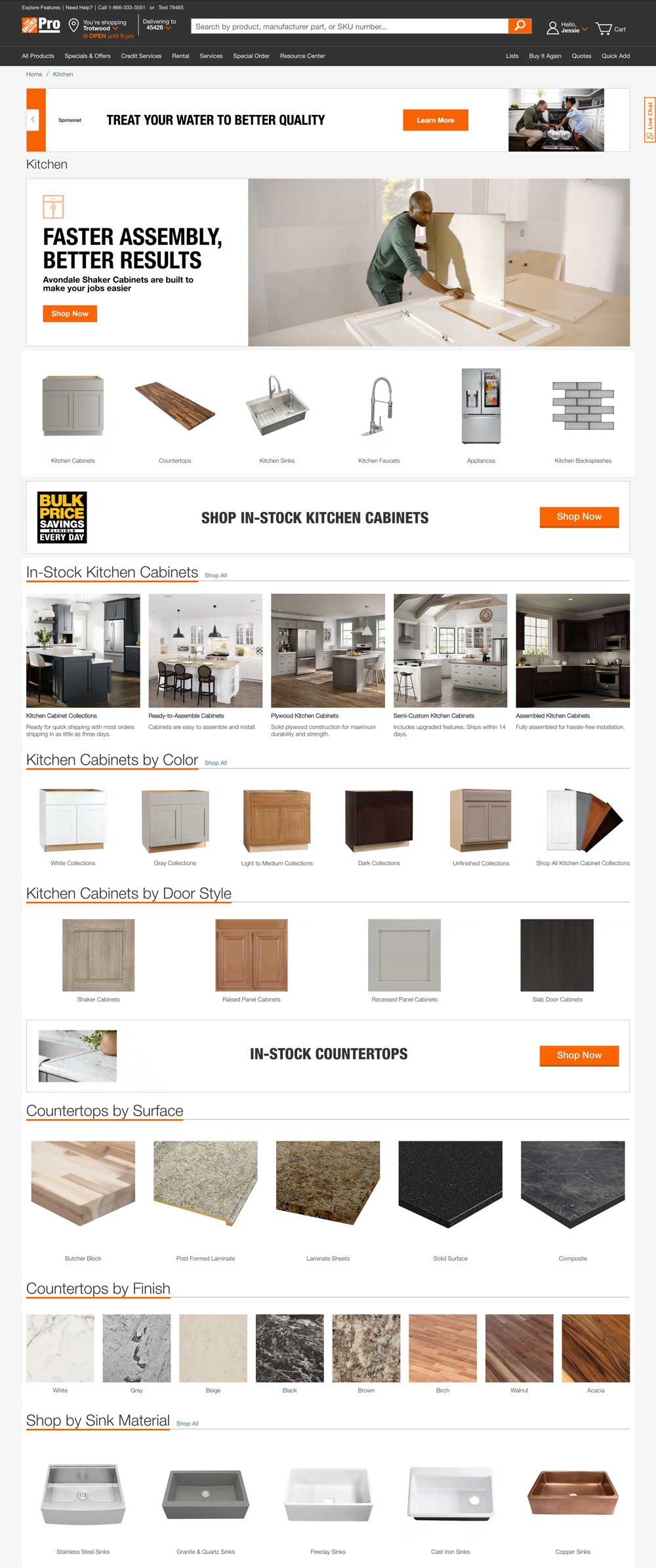 Homepage of a website selling kitchen and home improvement products, with examples of cabinets, countertops, and sinks.