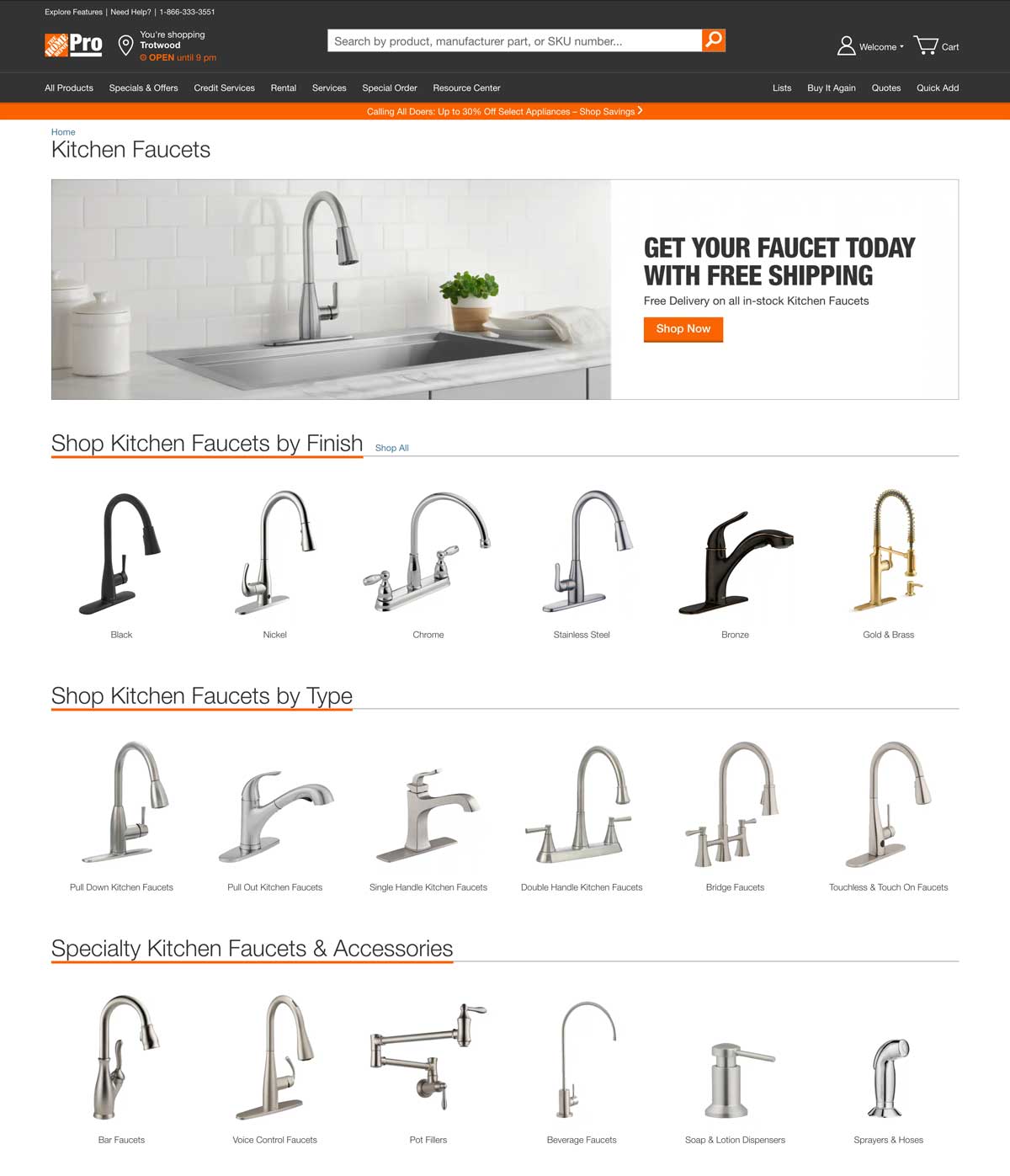 Home Depot's kitchen faucet product page with various faucets displayed by finish and type.
