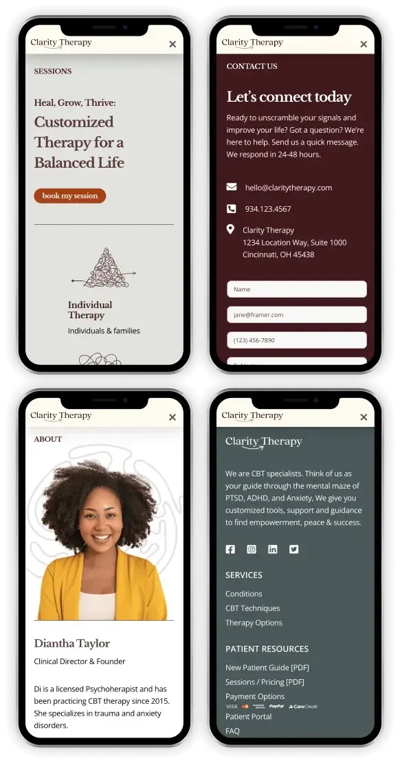 Screenshots of a therapy website on smartphones. Features include event info, a counselor's photo, and contact information.