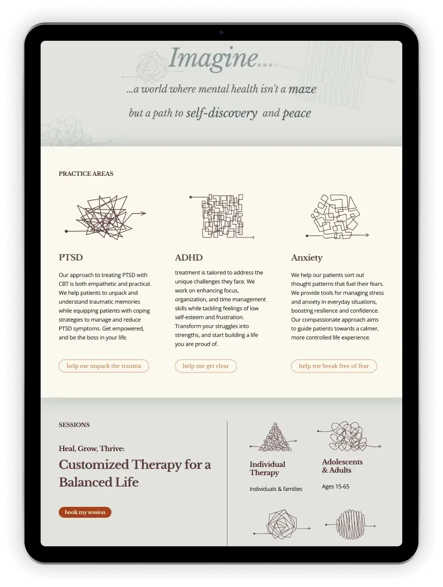 Tablet screen showing a website with wellness categories: Stress, Anxiety, and Awareness, promoting customized therapy.