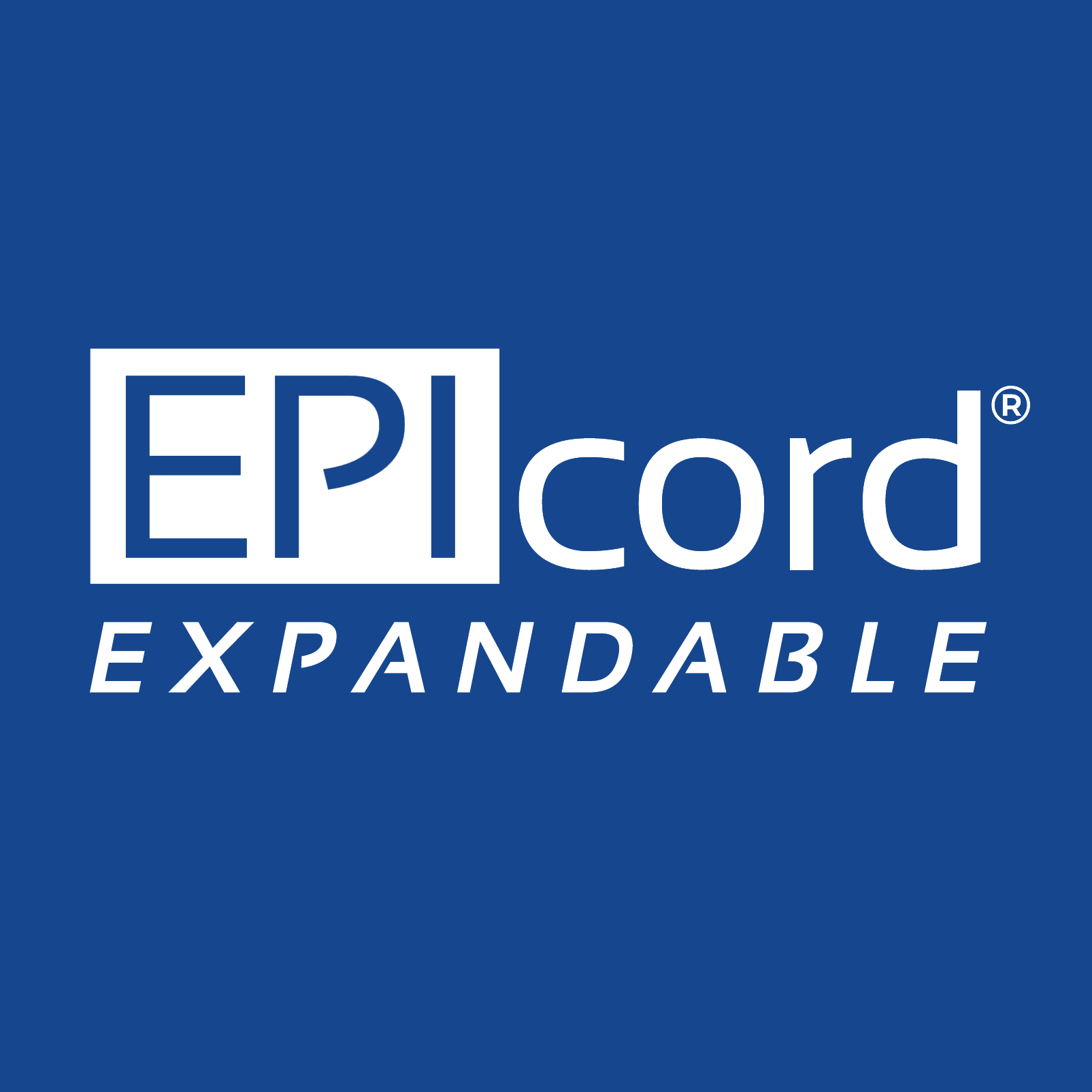 Logo for EPIcord expandable cable, white text on a blue background.